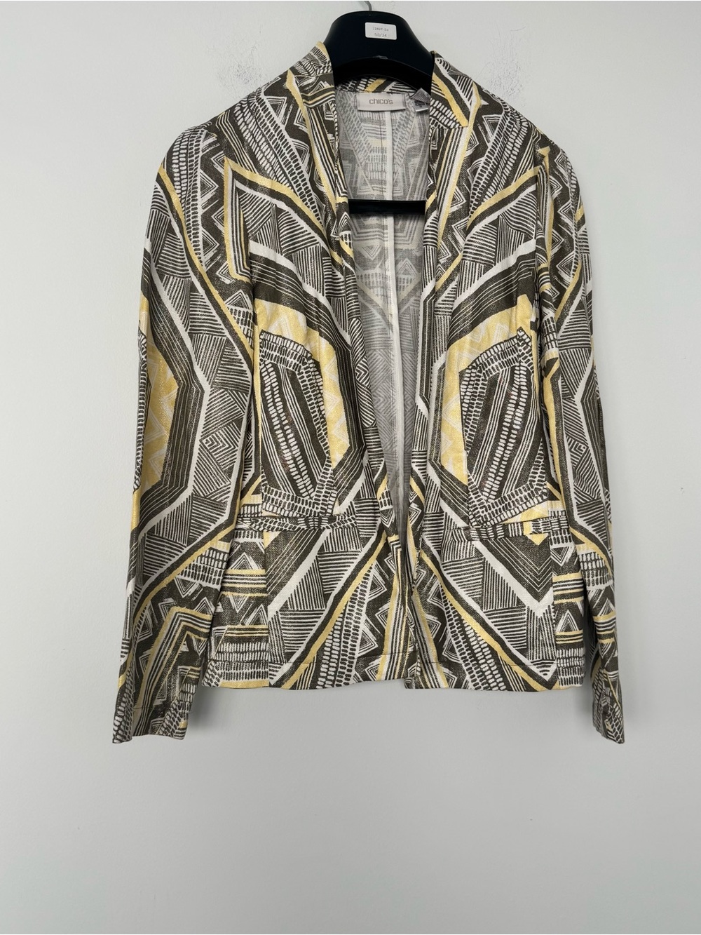 Chico's Geometric Printed Open Front Blazer Linen Cotton Jacket Boho Size 0 S